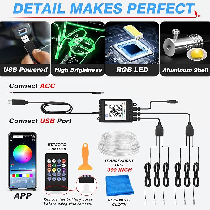 MICTUNING Car LED Interior Strip Light, 6 in 1 RGB Multicolor