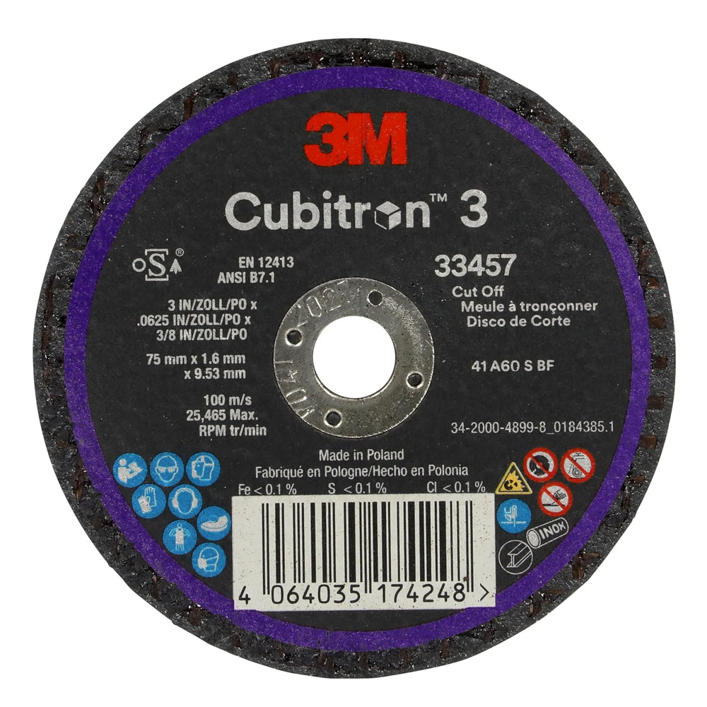 3M Cubitron 3 Cut-Off Wheel 33457, 3 in x 0.0625 in x 3/8 in, Long Lasting Pe...