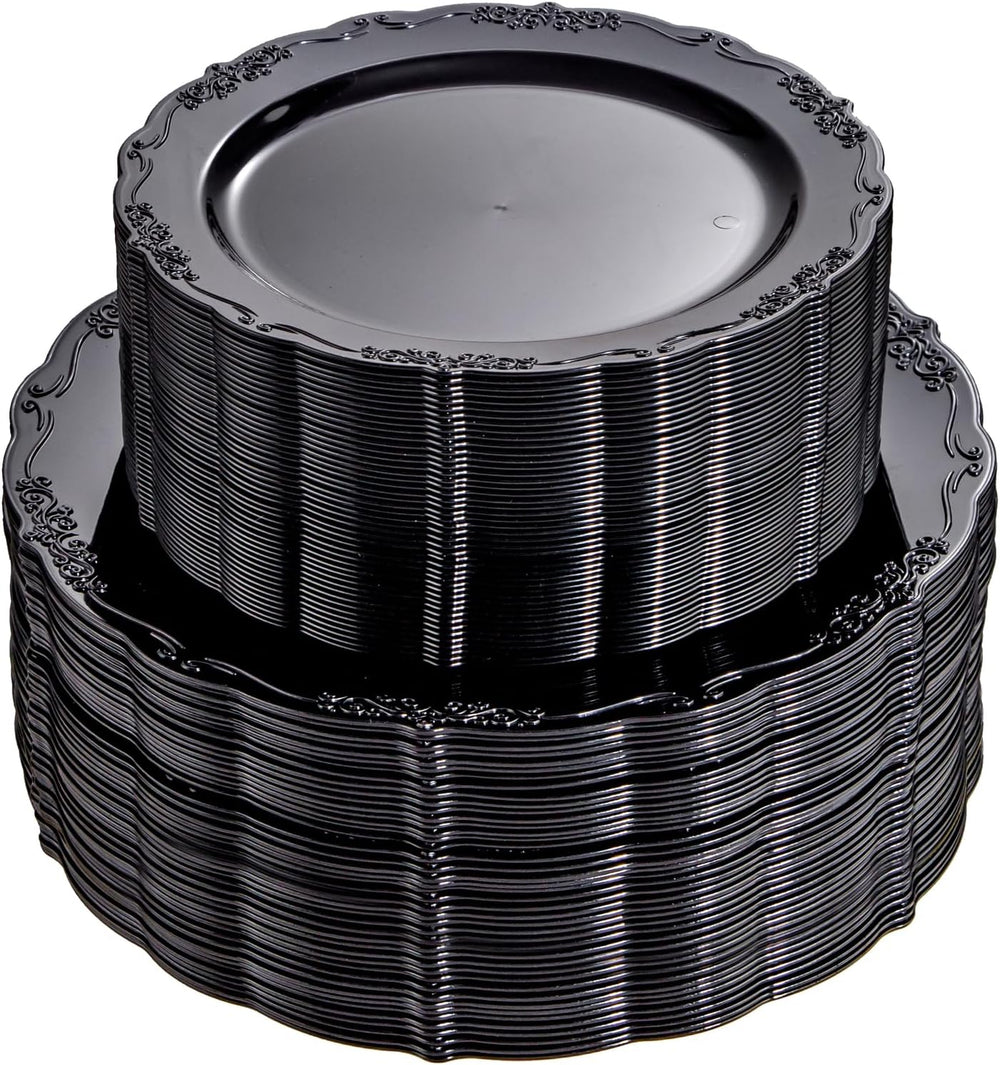 U-QE 100PCS Black Plastic Plates, Heavy Duty Black Plates Halloween