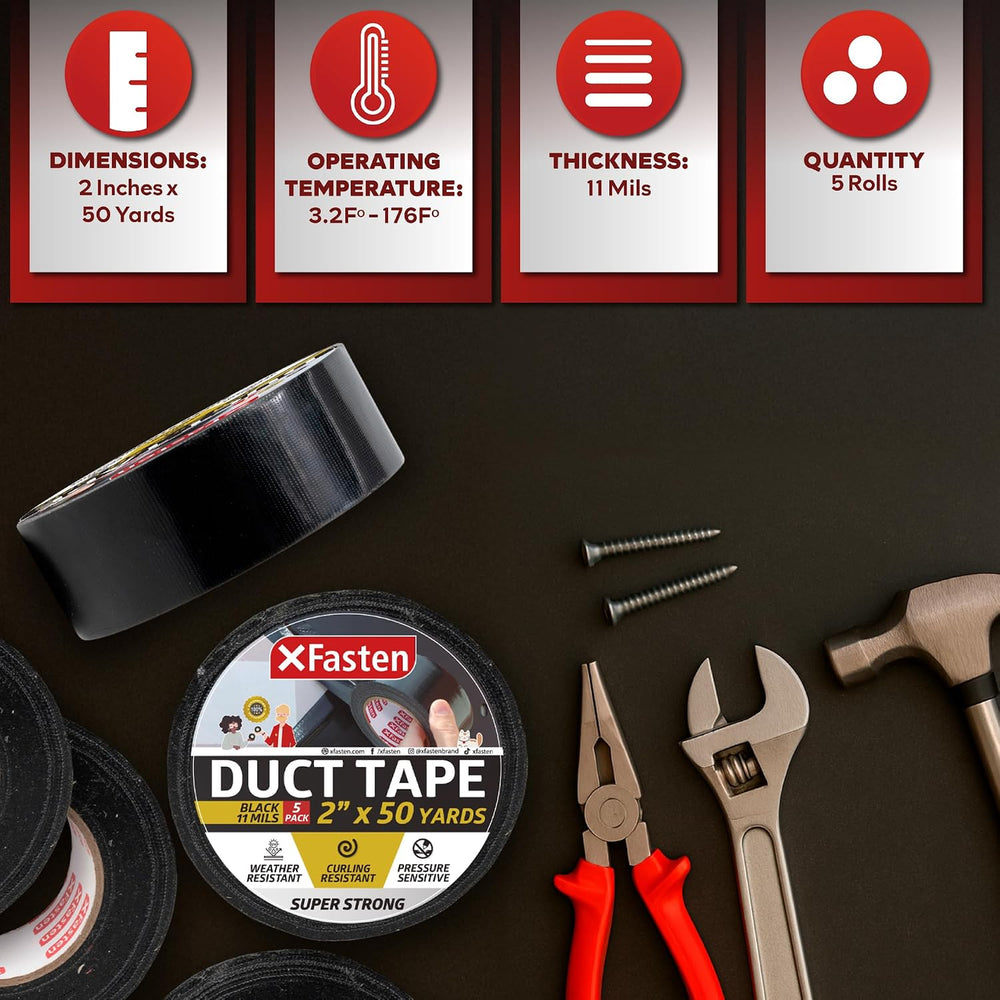 XFasten Black Duct Tape Heavy Duty Waterprooof Super Strong 2” x 50 Yards (5-...