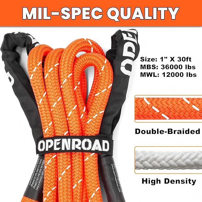 OPENROAD Kinetic Recovery Tow Rope, 36000 Lbs Extreme Duty 35% Elasticity