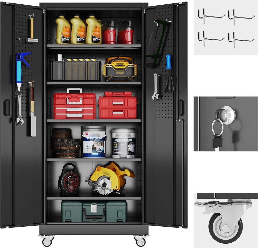 Reemoon 5 Adjustable 170 lb Shelves, Lockable Doors, Door pegboard and 4 Remo...