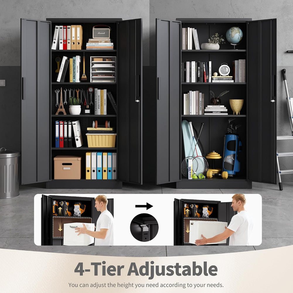 Metal Storage Cabinet with Lock, 71"H Garage Storage Cabinet, Black
