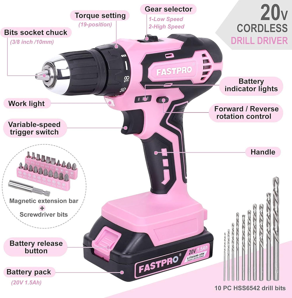 FASTPRO 232-Piece Pink Drill Set for Women, Pink Tool Set with Bag