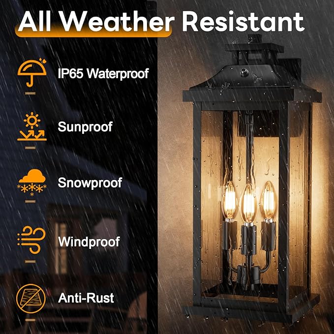 20" Large Dusk to Dawn Outdoor Lights 3-Light, 2 Pack Black Modern Exterior