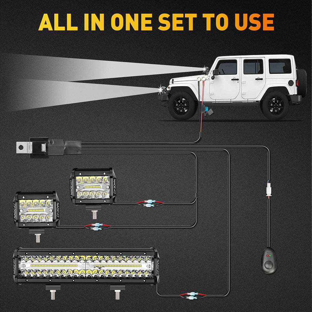 NAOEVO 12Inch LED Light Bar and 2PCS 4Inch Pod Lights with 3-Lead Harness