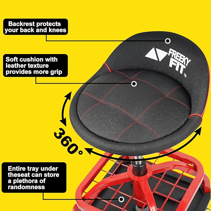 Rolling Stool with Red Wheels, Heavy Duty Garage Work Mechanic Rolling Shop
