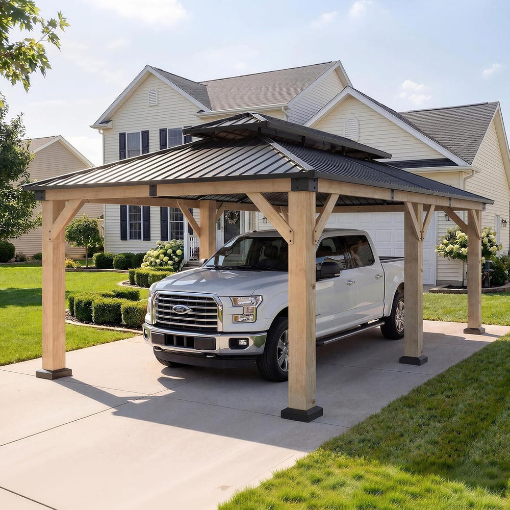 Aoxun 12x20 FT Heavy Duty Cedar Wood Carport, Double Galvanized Steel Roof