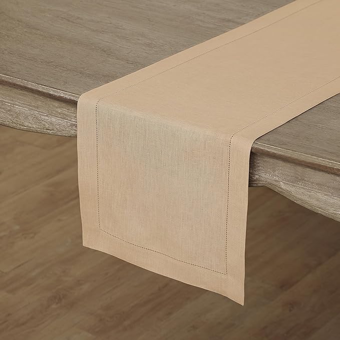 Solino Home Linen Beige Table Runner 72 Inches Long - 100% Pure Linen Hemstit...