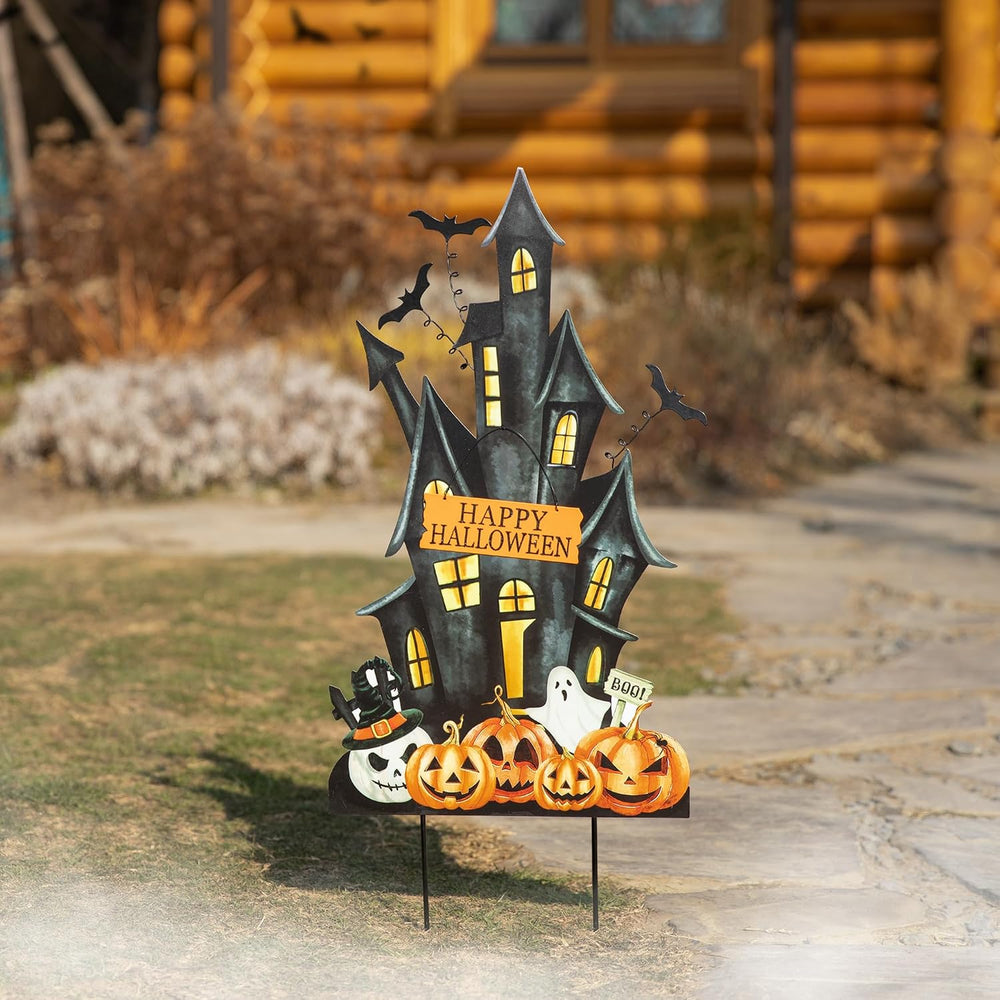 Glitzhome 32" H Halloween Metal Haunted House Yard Stake/Hanging Decor,H...