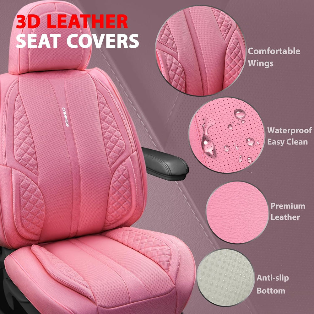 CAR PASS Nappa Pink PU Leather Car Seat Covers Full Set Cute for Women Waterp...