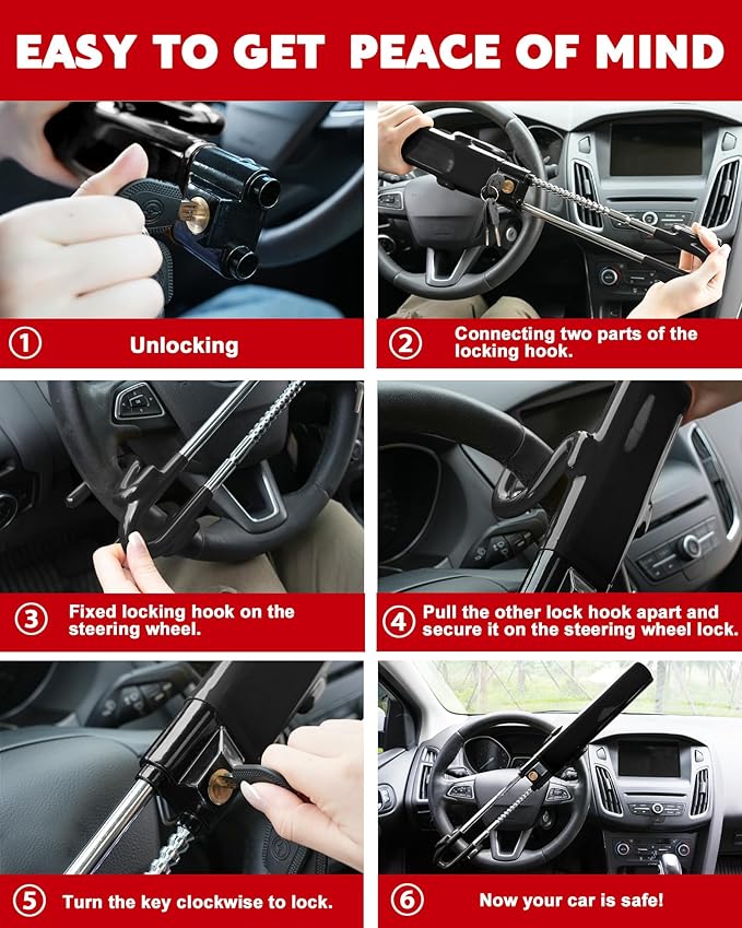 Tevlaphee Steering Wheel Lock Anti-Theft Car Device Heavy Duty Security Car