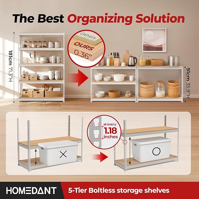 HOMEDANT White 5 Tier Laminated Boltless Heavy Duty Garage Storage Adjustable...