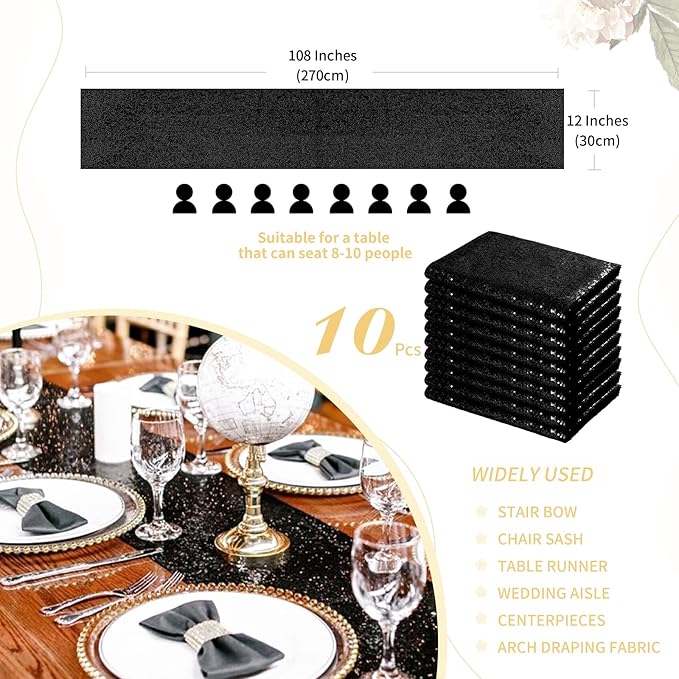 Black Table Runners Sparkly Halloween Table Runner 10 Packs 12x108 Inches Gli...