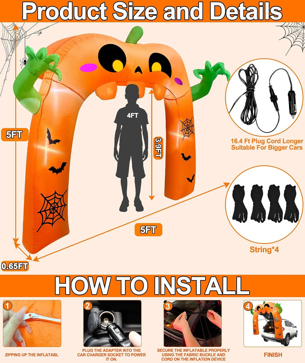 5 Ft Trunk or Treat Car Decoration Kit Halloween Inflatable Pumpkin Arch
