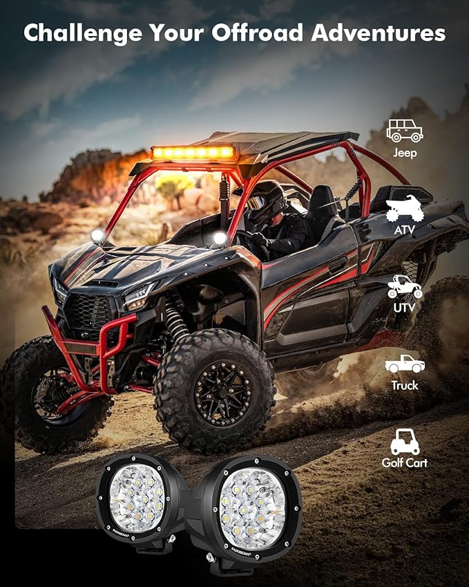 Auxbeam 6 Modes Amber White Round LED Pods, P4 Series 4 Inch 90W Flashing (2-...
