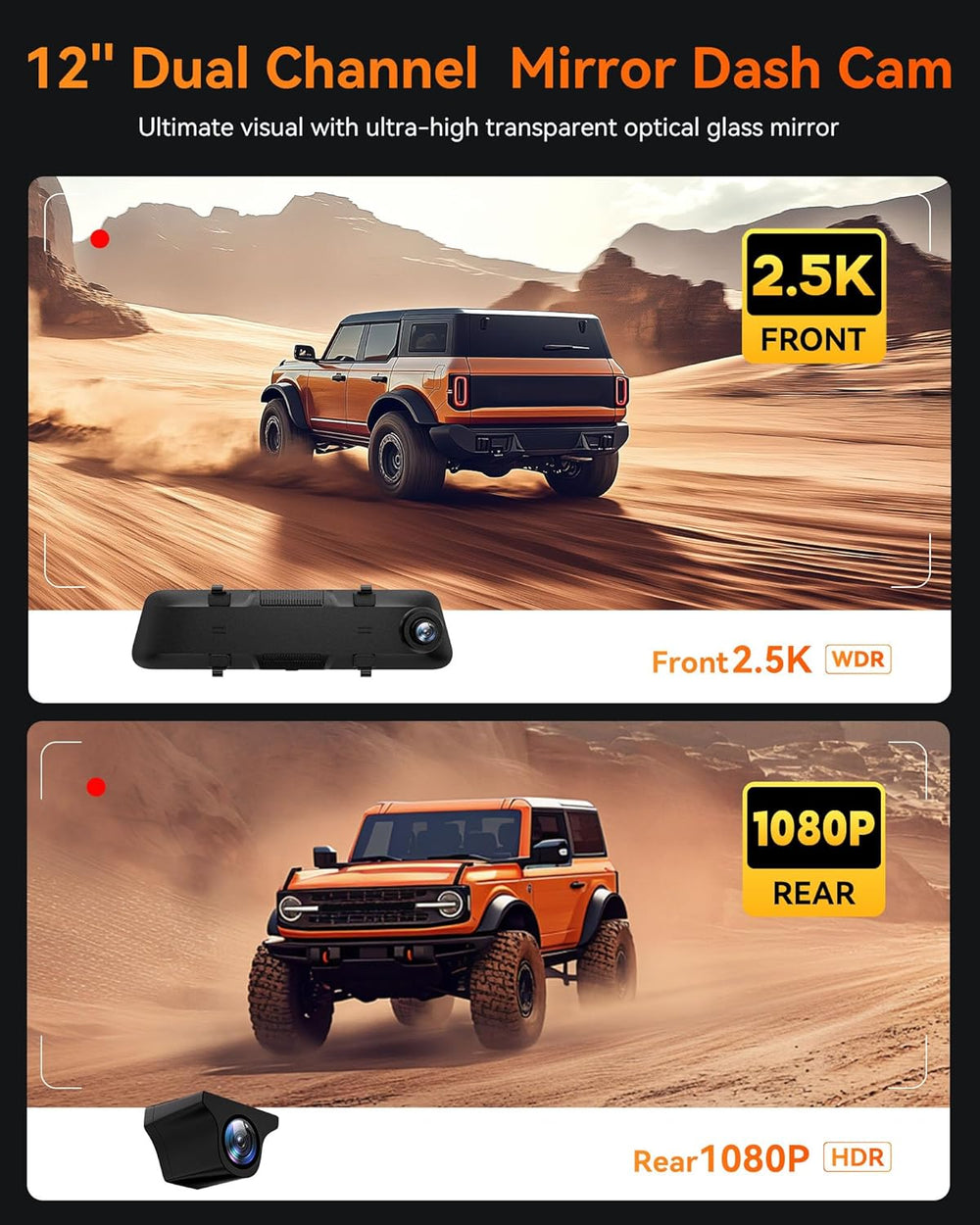 WOLFBOX G840H 12'' Mirror Dash Cam with ADAS and BSD, 2.5K Rear View ...