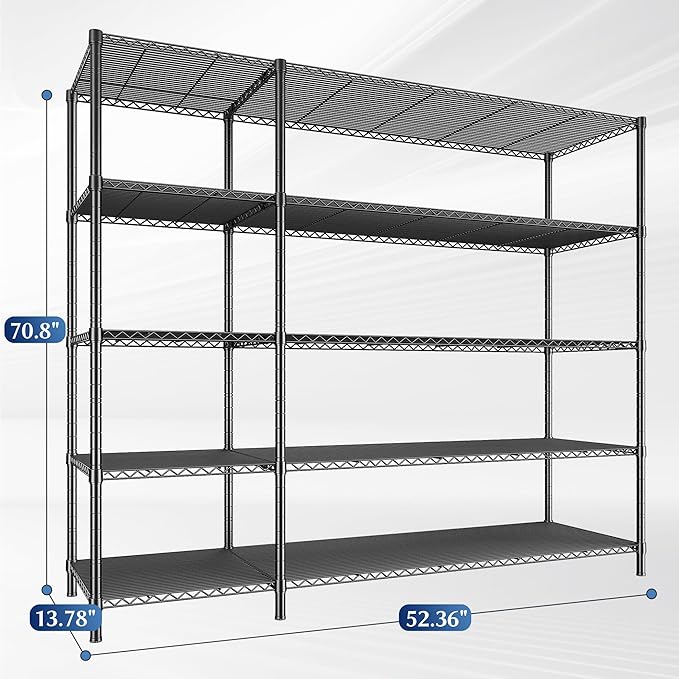 52.36" W Storage Shelves Metal Shelving Unit Load 1400LBS 5 Tier Wire Ra...
