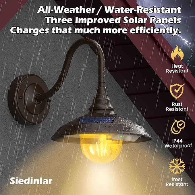 SIEDiNLAR Solar Barn Light Outdoor 3 Modes 2 Lighting, Aluminum Gooseneck Wall