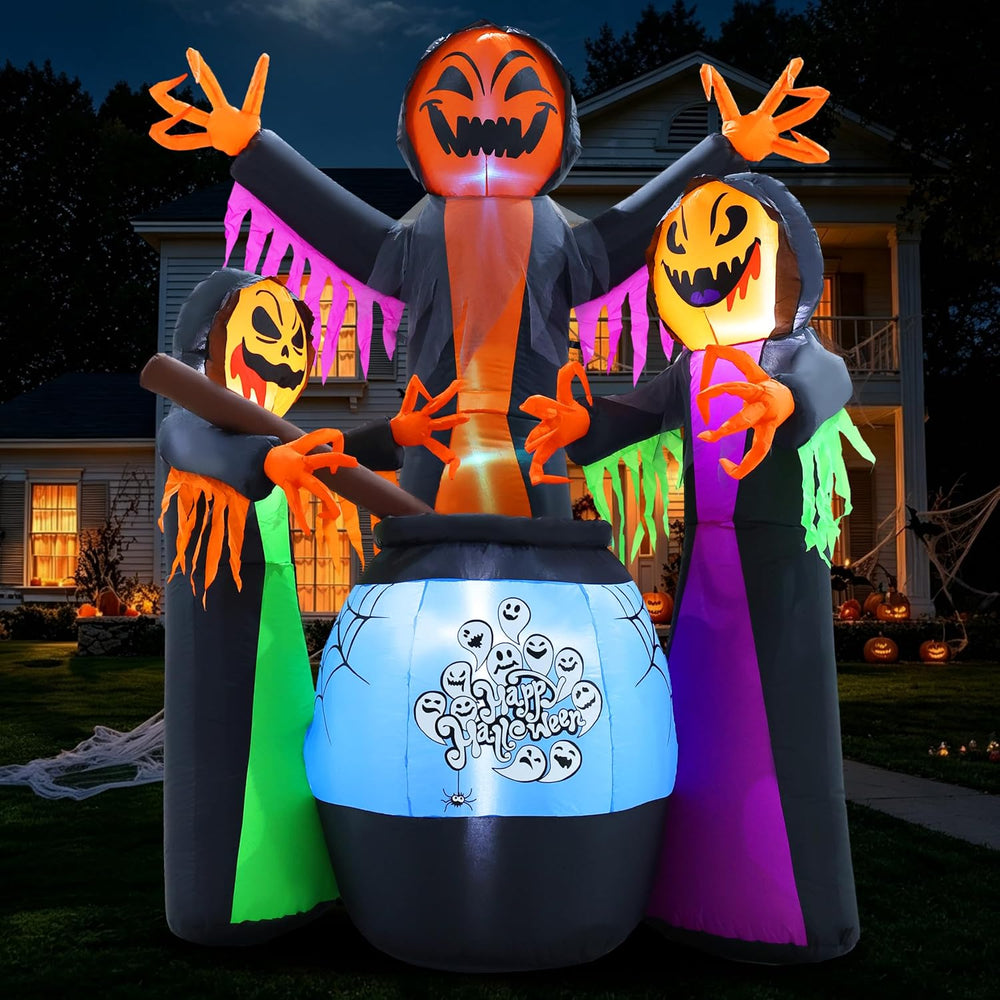 8FT Halloween Inflatables Three Witch Around Cauldron with Light Yard Decor