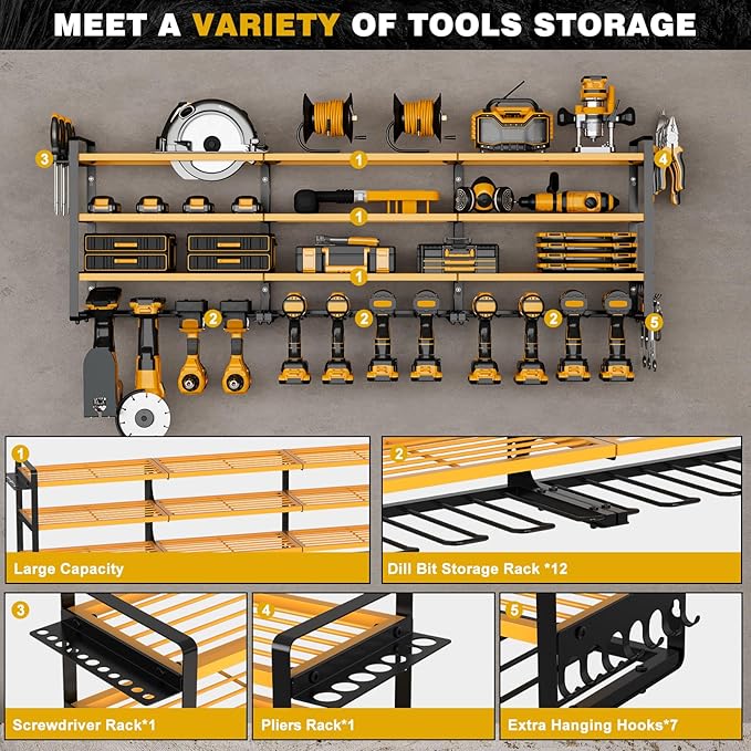 48" Large Power Tools Organizer Wall Mount, 12 Drill Holder