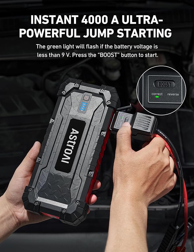 AstroAI S8 Ultra 4000A Peak Jump Starter, Up to All Gas/12L Diesel Engine