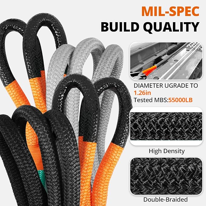 Kinetic Recovery Tow Rope: 1.26" x 30ft 55000LBS Snatch Strap