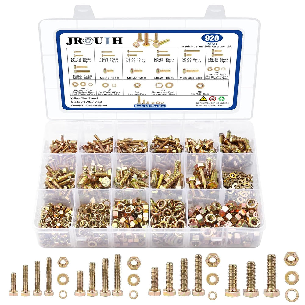 920PCS Grade8.8 Metric Bolt and Nut Assortment, M4/M5/M6/M8 Heavy Duty Hex He...
