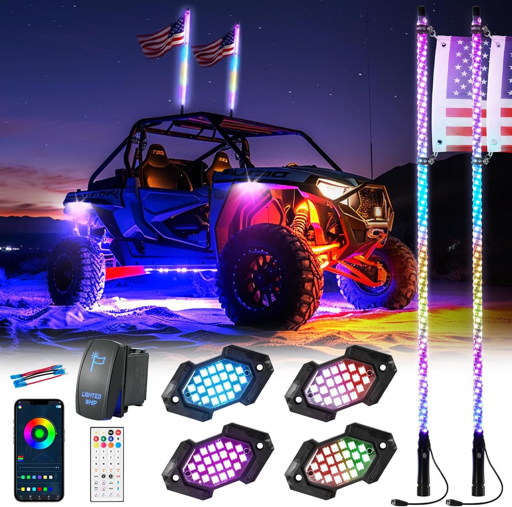 2PCS 4FT Whip Light and 4PCS Rock Light Combo Kit with Spring Base, Switch, A...