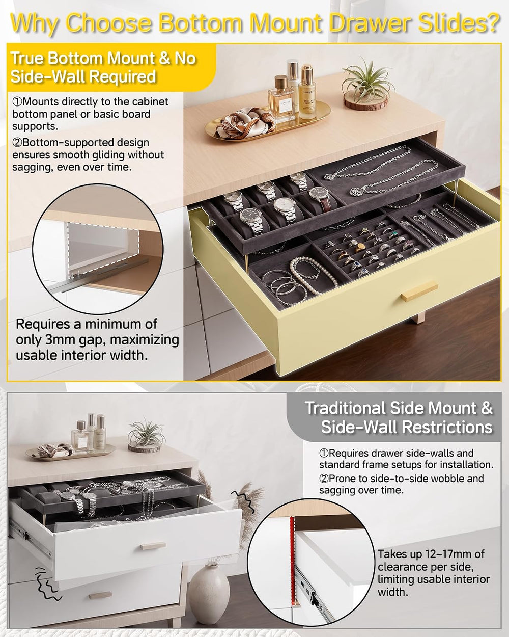 Onemake 18" Bottom Mount Drawer Slides, Soft Close Full Extension, 6 Pairs