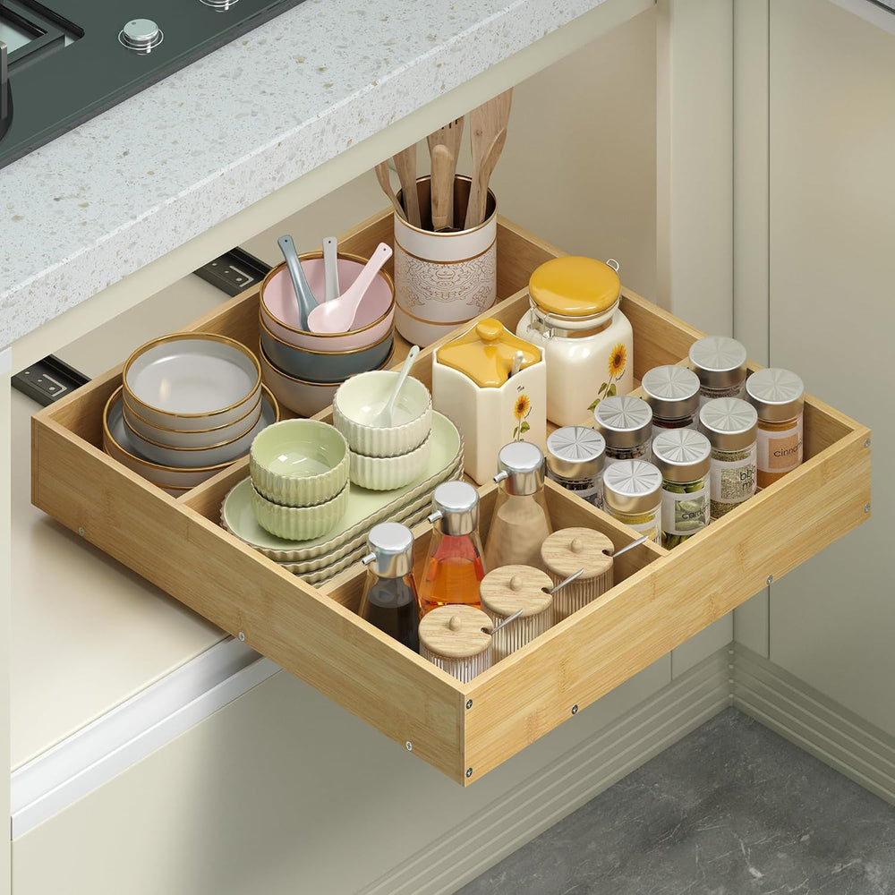 No Drill Pull Out Drawers for Cabinets, 20" W x 21" D Bamboo Adhesi...