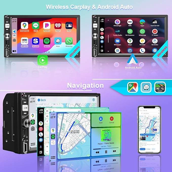 7” Wireless Apple CarPlay Double Din Car Stereo, FM Car Radio, IPS Touchscreen