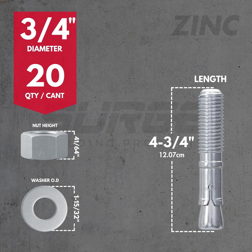 3/4" x 4-3/4" Zinc-Plated Wedge Anchors for Concrete & Cement (...