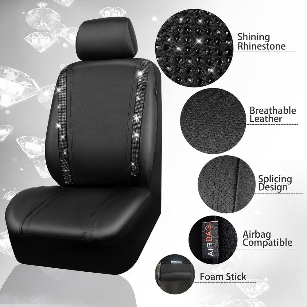 CAR PASS Bling Diamond Leather Car Seat Covers 11 PCS, Sparkly Rhinestone Ste...