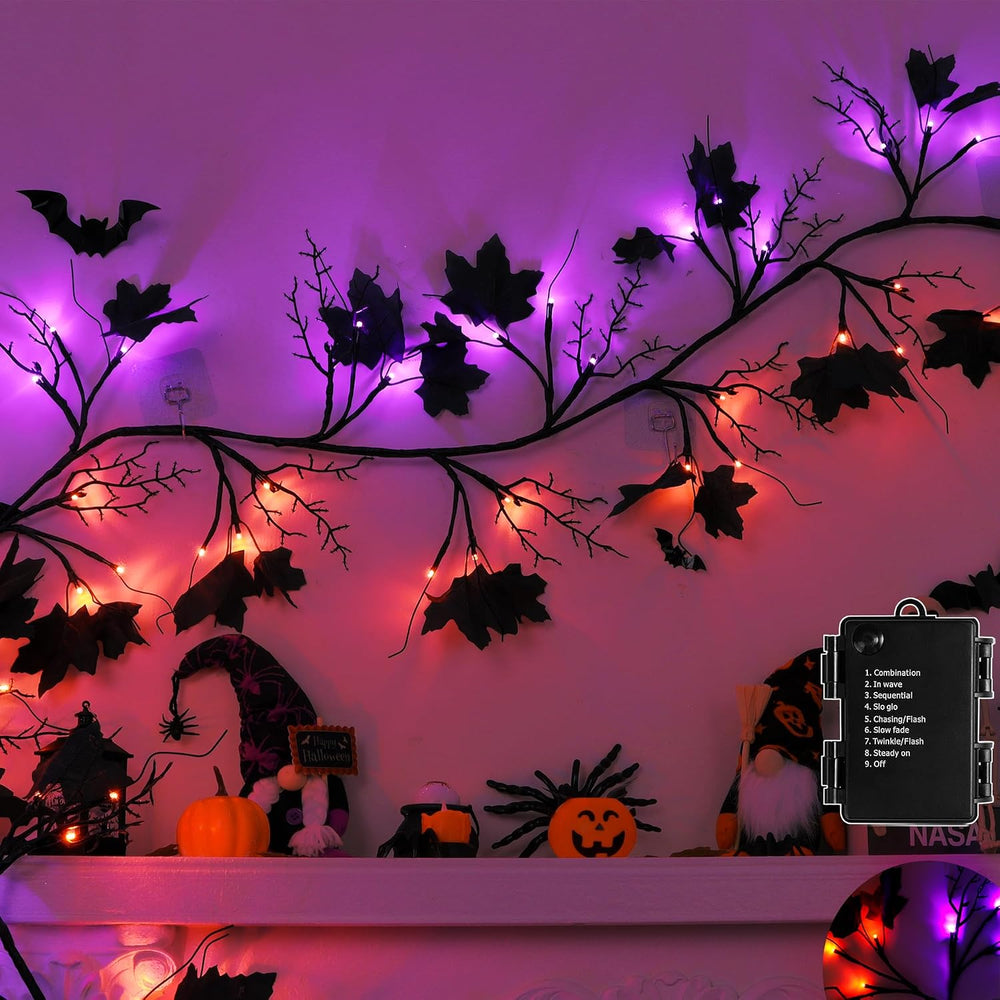 FLYSNK 9 FT 72 LED Halloween Willow Vine Twig Decorations With Orange & P...
