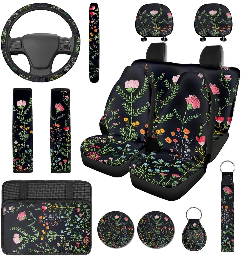 14 Pcs Wildflower Car Seat Covers Full Set with Steering Wheel Cover, Armrest...