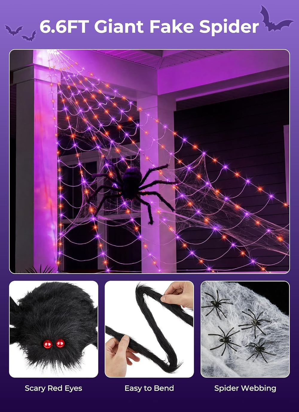 Brightown Halloween Decorations Outdoor, 255-LED Giant Spider Web Lights