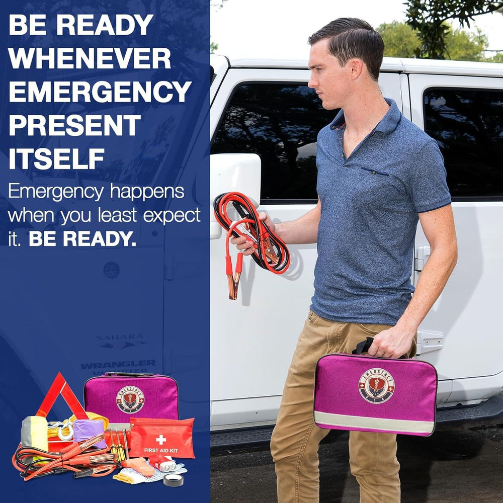Roadside Assistance Emergency Car Kit - First Aid Kit, Jumper Cables, Tow Str...