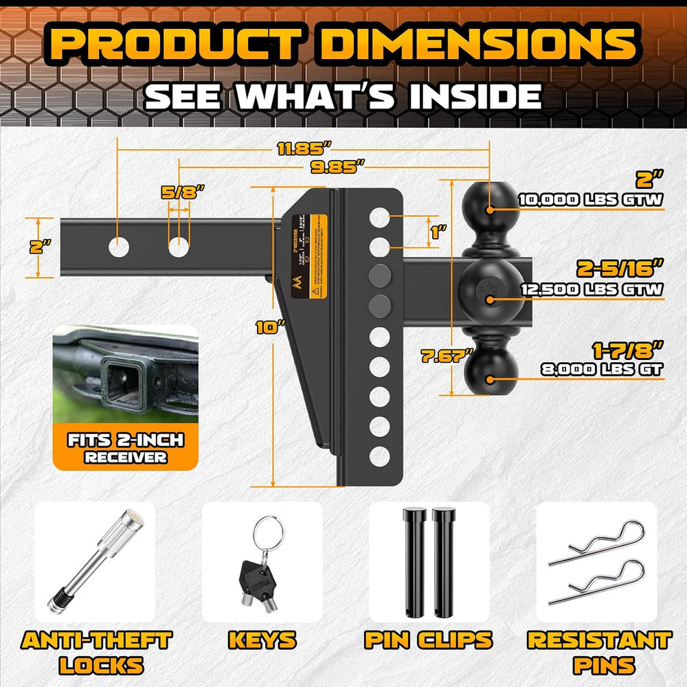 Adjustable Trailer Hitch - Drop Hitch Fit 2" Receiver -8" Drop/Rise