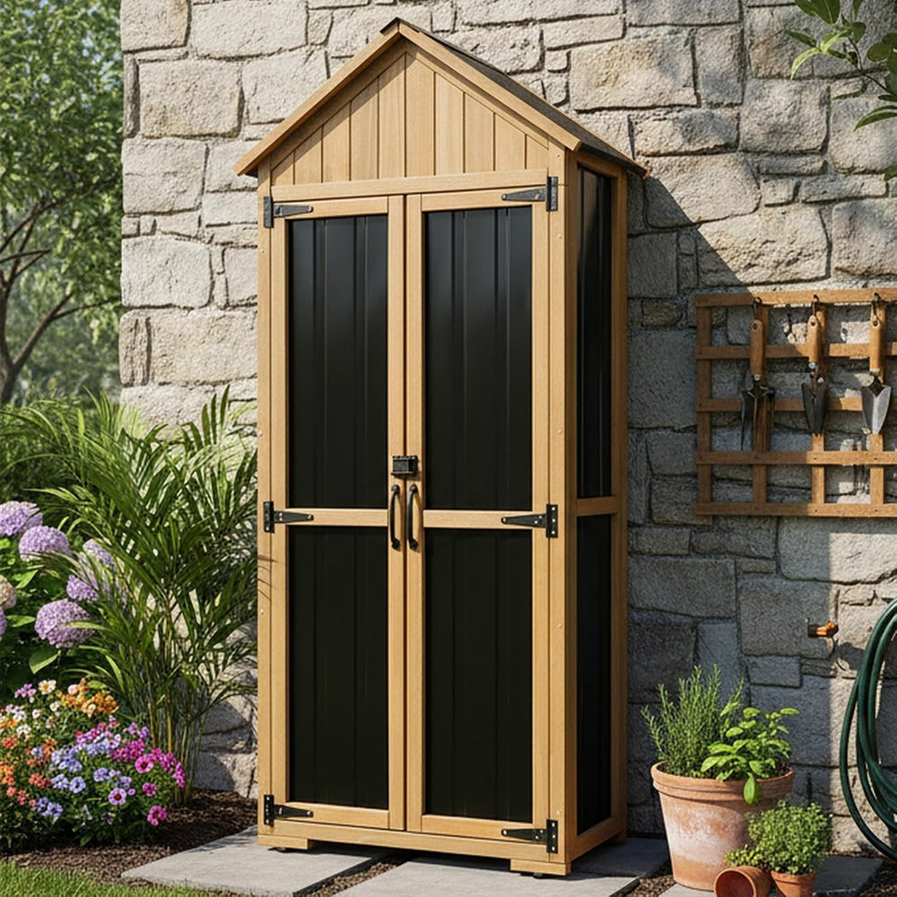 Outdoor Storage Cabinet Waterproof, Outdoor Storage Shed with Shelves, Wood &...