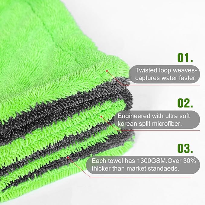 2 Pack XL Car Drying Towel – 1300GSM Ultra Absorbent Microfiber, Twisted Loop
