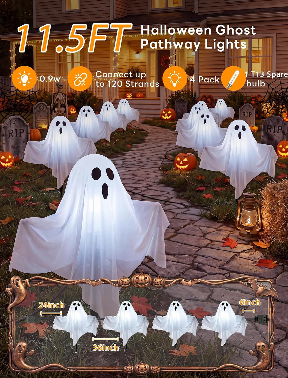 Halloween Ghost Pathway Lights, 4 Pack LED Yard Stake Lights Outdoor Decor