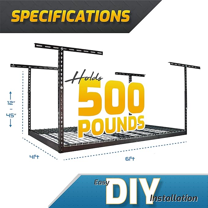 MonsterRax Overhead Garage Storage Racks 4x6, Ceiling Mounted Shelving