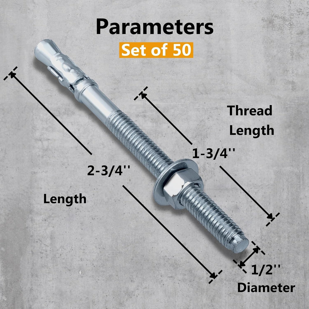 Party Animals 1/2 x 2-3/4 Inch Wedge Anchor, 50 PCs Zinc-Plated Industrial An...