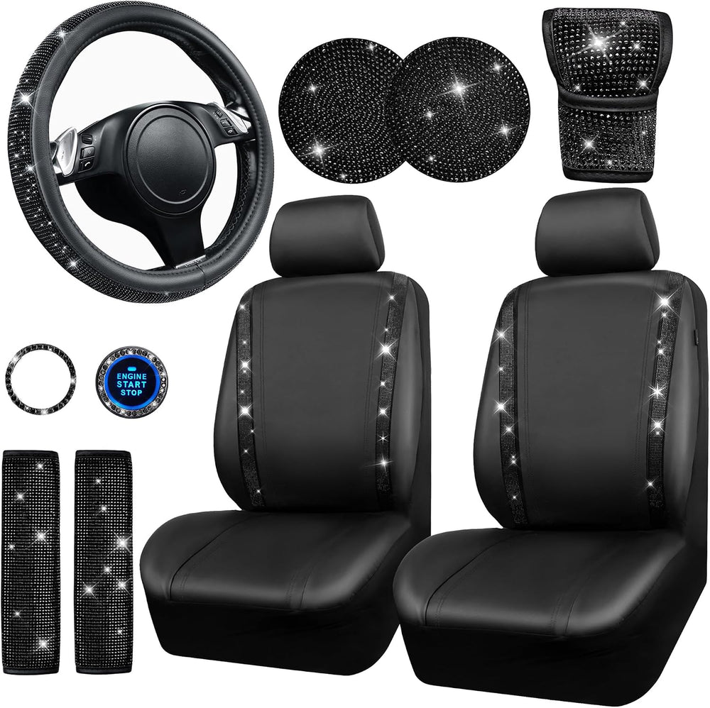 CAR PASS Bling Diamond Leather Car Seat Covers 11 PCS, Sparkly Rhinestone Ste...