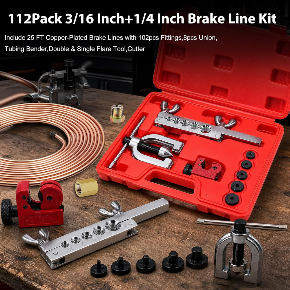 smseace 3/16" 1/4" Brake Line Flaring Tool Kit with 102Pcs Fittings
