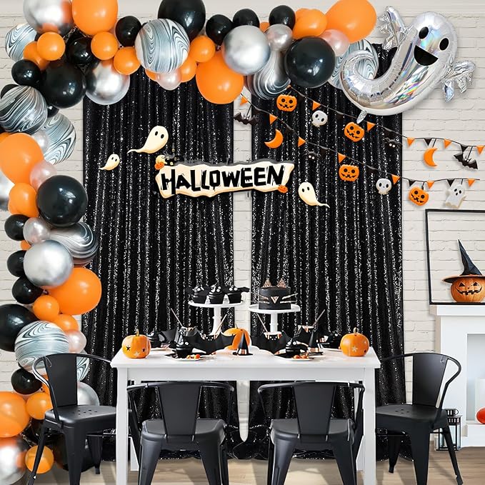Black Sequin Backdrop 2 Panels 2FTx8FT Halloween Backdrop Curtains Party Deco...
