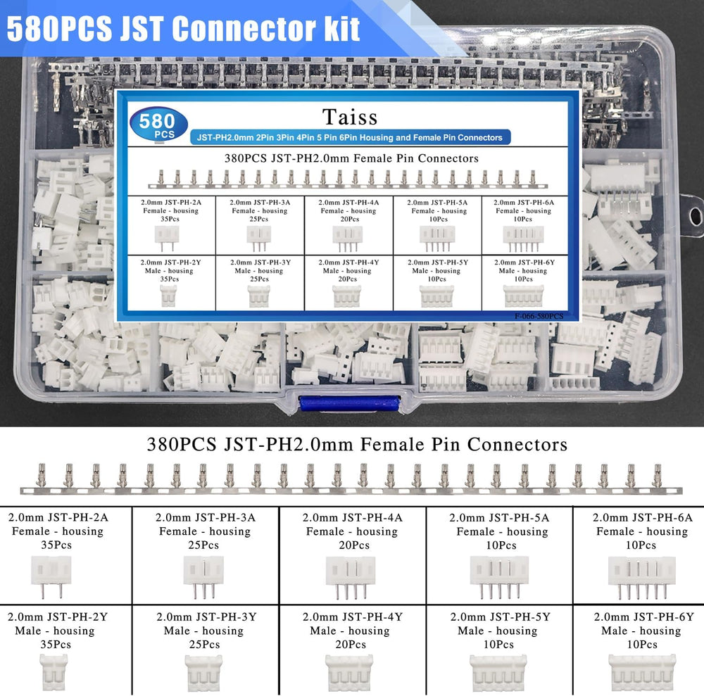 Taiss 580PCS PH2.0mm Connector Kit,560PCS 2.54mm JST-XH Connector,2/3/4/5/6Pi...
