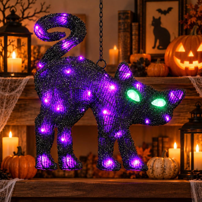 Lighted Hanging Black Cat Halloween Decorations Outdoor Indoor, Large Spooky Glowing Purple LED Black Cat Halloween Window Decor with Timer, Sparkling Plush & Hooks for Front Porch Window Tree Mantel