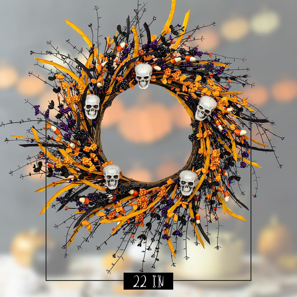 JINGHONG Artificial Halloween Wreath 22 Inch Black Halloween Wreaths for Fron...